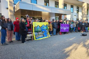 Supporters of Sleydo' (Molly Wickham), Shaylynn Sampson, and Corey Jocko gather outside the Smithers courthouse on Oct. 15 prior to their sentencing hearing getting under way.